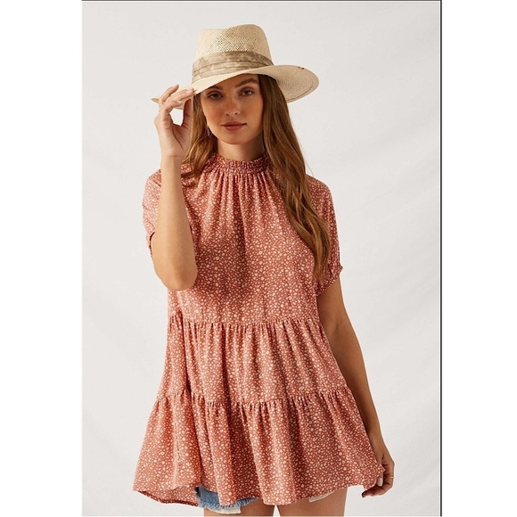 Hayden Los Angeles High Neck Tiered Tunic Top Pink Lightweight Smocked Size S - Picture 9 of 12